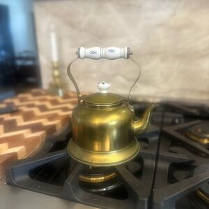 Vintage Brass Teapot with White Handle